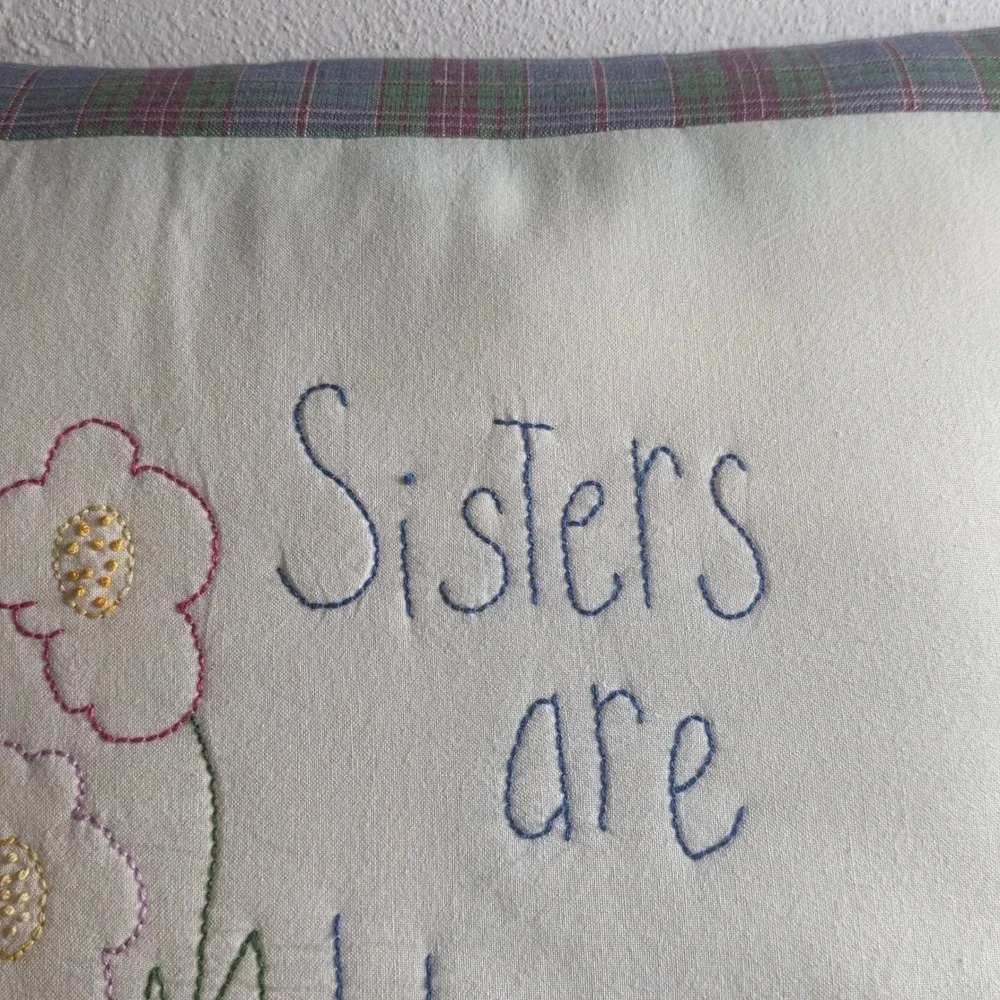 Embroidered Sisters Gift Floral Plaid Throw Pillow Cream Cottagecore
